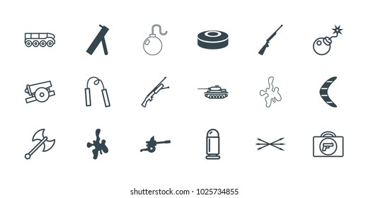 Weapon icons. set of 18 editable filled and outline weapon icons: smoke bomb, cannon, hundting gun, bomb, arrow bow, bullet, tank, submachine gun, boomerang