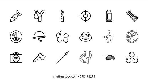 Weapon icons. set of 18 editable outline weapon icons: briefcase with weapon, radar, axe, ninja, paintball, sligshot, rocket bomb, spear, canon ball, war helmet, bullet, ammo