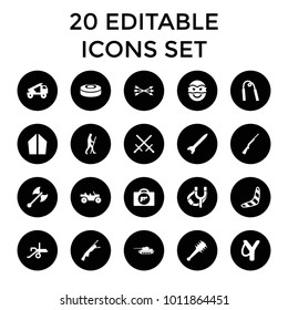 Weapon icons. set of 20 editable filled weapon icons such as boomerang, sligshot, sword, caveman, smoke bomb, arrow bow, mace. best quality weapon elements in trendy style.