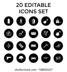 Weapon icons. set of 20 editable filled and outline weapon icons such as sword, bomb, caveman, dynamite, smoke bomb, war helmet, bullet, gun, bow, sligshot, cannon, ammo