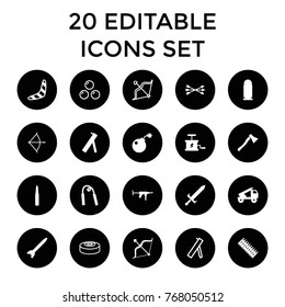 Weapon icons. set of 20 editable filled and outline weapon icons such as boomerang, bow, bomb, dynamite, sword, arrow bow, cannon, truck rocket, bullet, ammo, rocket bomb