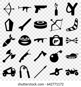 Weapon icons set. set of 25 weapon filled icons such as boomerang, ninja, bow, bomb, rocket bomb, smoke bomb, arrow bow, spear, cannon, truck rocket, tank, dynamite, gun