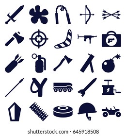 Weapon icons set. set of 25 weapon filled icons such as boomerang, axe, bomb, rocket bomb, dynamite, smoke bomb, sword, arrow bow, spear, cannon, war helmet, ammo