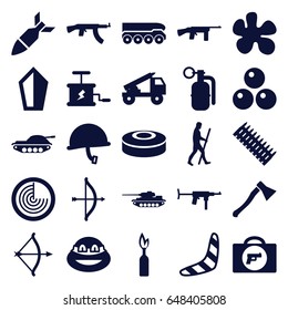 Weapon icons set. set of 25 weapon filled icons such as radar, boomerang, ninja, caveman, rocket bomb, dynamite, smoke bomb, bow, canon ball, truck rocket, war helmet