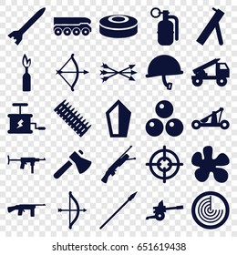 Weapon icons set. set of 25 weapon filled icons such as radar, axe, dynamite, smoke bomb, arrow bow, bow, catapult, spear, canon ball, cannon, truck rocket, war helmet