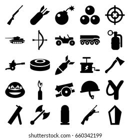 Weapon icons set. set of 25 weapon filled icons such as ninja, bomb, rocket bomb, dynamite, smoke bomb, cannon, canon ball, war helmet, bullet, tank, hundting gun