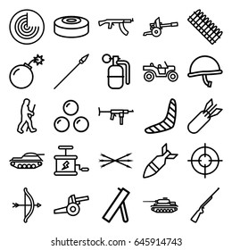 Weapon icons set. set of 25 weapon outline icons such as radar, boomerang, caveman, bomb, rocket bomb, dynamite, smoke bomb, arrow bow, spear, canon ball, cannon, war helmet
