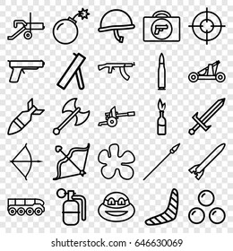 Weapon icons set. set of 25 weapon outline icons such as boomerang, bow, bomb, rocket bomb, dynamite, sword, catapult, spear, canon ball, cannon, war helmet, bullet, gun
