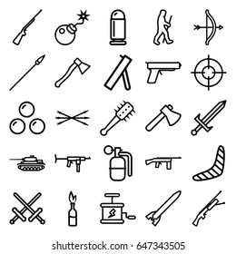 Weapon icons set. set of 25 weapon outline icons such as boomerang, axe, bomb, caveman, dynamite, sword, arrow bow, mace, spear, axe weapon, canon ball, cannon, bullet