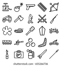 Weapon icons set. set of 25 weapon outline icons such as boomerang, axe, bow, bomb, caveman, dynamite, catapult, mace, spear, canon ball, cannon, truck rocket, ammo