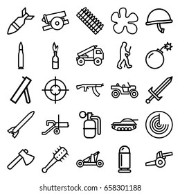 Weapon icons set. set of 25 weapon outline icons such as radar, axe, caveman, bomb, rocket bomb, dynamite, sword, catapult, mace, cannon, truck rocket, war helmet