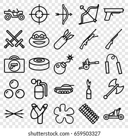Weapon icons set. set of 25 weapon outline icons such as bow, bomb, rocket bomb, dynamite, smoke bomb, arrow bow, catapult, canon ball, cannon, ammo, tank, gun, hundting gun