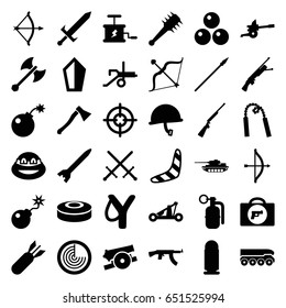 Weapon icons set. set of 36 weapon filled icons such as radar, boomerang, ninja, bow, bomb, rocket bomb, dynamite, smoke bomb, sword, catapult, mace, spear, cannon, canon ball