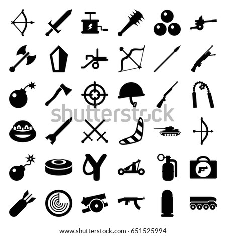 Weapon icons set. set of 36 weapon filled icons such as radar, boomerang, ninja, bow, bomb, rocket bomb, dynamite, smoke bomb, sword, catapult, mace, spear, cannon, canon ball