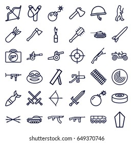 Weapon icons set. set of 36 weapon outline icons such as radar, axe, bow, bomb, caveman, rocket bomb, smoke bomb, sword, arrow bow, mace, cannon, war helmet, ammo, tank