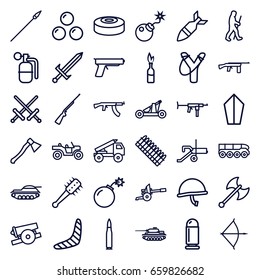 Weapon icons set. set of 36 weapon outline icons such as boomerang, bomb, caveman, rocket bomb, dynamite, smoke bomb, sword, bow, catapult, mace, spear, cannon, canon ball