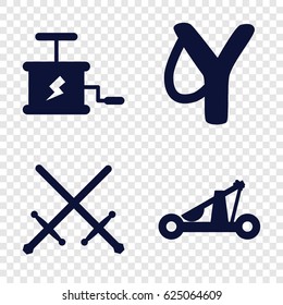 Weapon icons set. set of 4 weapon filled icons such as dynamite, catapult, sligshot