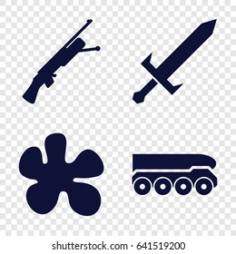 Weapon icons set. set of 4 weapon filled icons such as sword, weapon truck, submachine gun