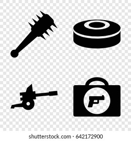 Weapon icons set. set of 4 weapon filled icons such as briefcase with weapon, smoke bomb, mace
