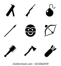 Weapon icons. set of 9 editable filled weapon icons such as rocket bomb, mace, spear, axe weapon, cannon, hundting gun, ninja, bow