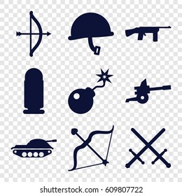 Weapon icons set. set of 9 weapon filled icons such as bow, bomb, cannon, war helmet, bullet, tank, submachine gun