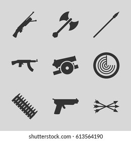 Weapon icons set. set of 9 weapon filled icons such as radar, arrow bow, axe weapon, spear, cannon, ammo, gun