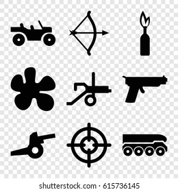 Weapon icons set. set of 9 weapon filled icons such as bow, cannon, weapon truck, dynamite, gun, sniper target