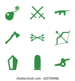 Weapon icons set. set of 9 weapon filled icons such as bow, bomb, arrow bow, axe weapon, cannon, bullet, submachine gun