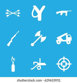 Weapon icons set. set of 9 weapon filled icons such as arrow bow, axe weapon, truck rocket, dynamite, cannon, hundting gun, submachine gun, sniper target