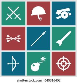 Weapon icons set. set of 9 weapon filled icons such as bomb, arrow bow, spear, cannon, war helmet, rocket bomb, sniper target, bow