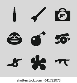 Weapon icons set. set of 9 weapon filled icons such as briefcase with weapon, ninja, bomb, cannon, bullet, rocket bomb, submachine gun
