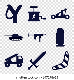 Weapon icons set. set of 9 weapon filled icons such as boomerang, dynamite, sword, catapult, truck rocket, bullet, tank, submachine gun