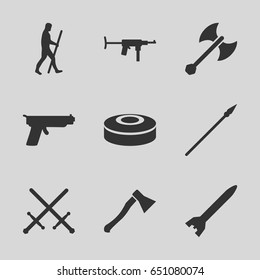 Weapon icons set. set of 9 weapon filled icons such as caveman, smoke bomb, axe weapon, spear, rocket bomb, gun, submachine gun