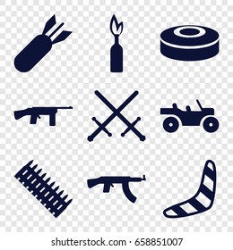 Weapon icons set. set of 9 weapon filled icons such as boomerang, rocket bomb, smoke bomb, weapon truck, ammo, dynamite, submachine gun