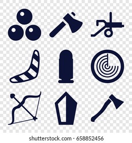 Weapon icons set. set of 9 weapon filled icons such as radar, boomerang, axe, bow, axe weapon, cannon ball, bullet, cannon