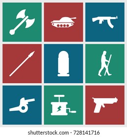 Weapon icons set. set of 9 weapon filled icons such as caveman, dynamite, axe weapon, spear, cannon, bullet, tank, gun
