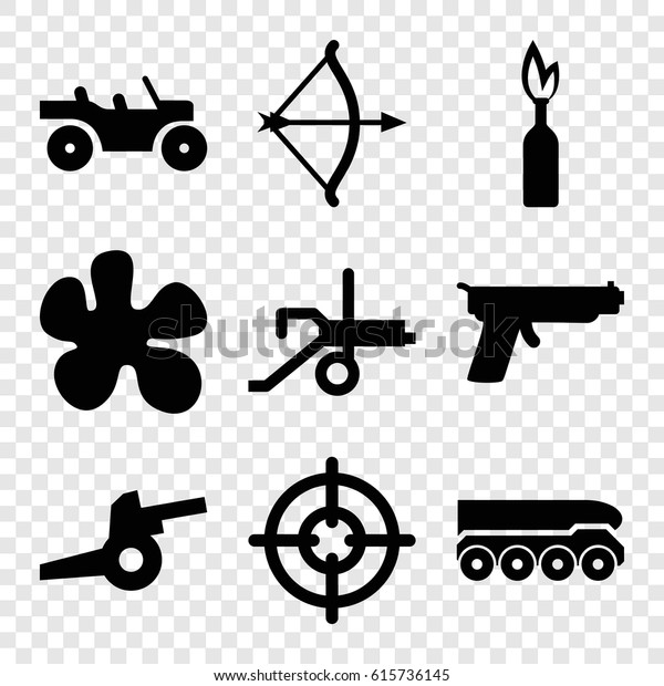 Weapon icons set. set\
of 9 weapon filled icons such as bow, cannon, weapon truck,\
dynamite, gun, sniper\
target
