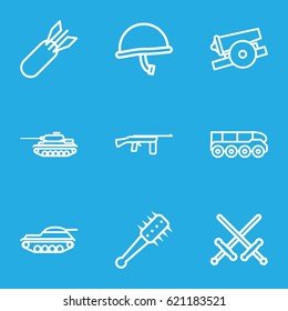 Weapon icons set. set of 9 weapon outline icons such as rocket bomb, mace, cannon, war helmet, weapon truck, tank, submachine gun