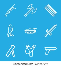 Weapon icons set. set of 9 weapon outline icons such as caveman, sword, axe weapon, cannon, ammo, tank, gun, submachine gun