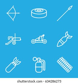 Weapon icons set. set of 9 weapon outline icons such as rocket bomb, dynamite, smoke bomb, bow, catapult, spear, ammo