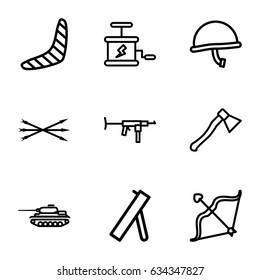 Weapon icons set. set of 9 weapon outline icons such as boomerang, bow, dynamite, arrow bow, axe weapon, cannon, war helmet, tank