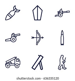 Weapon icons set. set of 9 weapon outline icons such as caveman, rocket bomb, cannon, truck rocket, bullet, sword