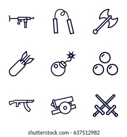 Weapon icons set. set of 9 weapon outline icons such as bomb, rocket bomb, cannon, canon ball, submachine gun