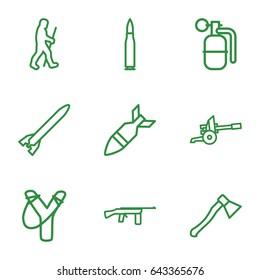 Weapon icons set. set of 9 weapon outline icons such as caveman, rocket bomb, dynamite, axe weapon, cannon, bullet, submachine gun
