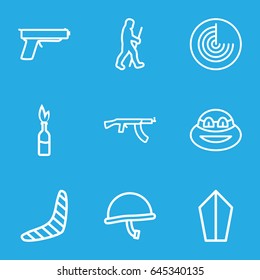 Weapon icons set. set of 9 weapon outline icons such as radar, boomerang, caveman, war helmet, dynamite, gun, submachine gun, ninja