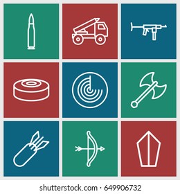 Weapon icons set. set of 9 weapon outline icons such as radar, rocket bomb, smoke bomb, axe weapon, truck rocket, bullet, submachine gun, sword