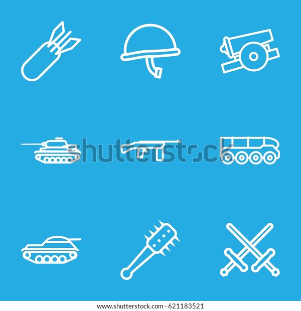 Weapon icons set. set of 9 weapon outline icons such\
as rocket bomb, mace, cannon, war helmet, weapon truck, tank,\
submachine gun