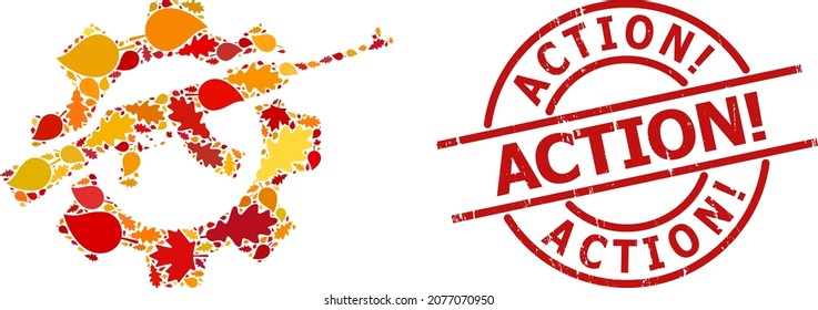 Icono de mosaico de la industria de armas diseñado para la temporada de otoño y sello sucio de ACTION. El mosaico de la industria de armas vectoriales está diseñado a partir de hojas de arce y roble al azar del otoño.