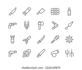 Iconos de la línea de arma. Objetos vectoriales aislados en un fondo blanco para diseño web y gráficos. Colección de iconos de esquema.