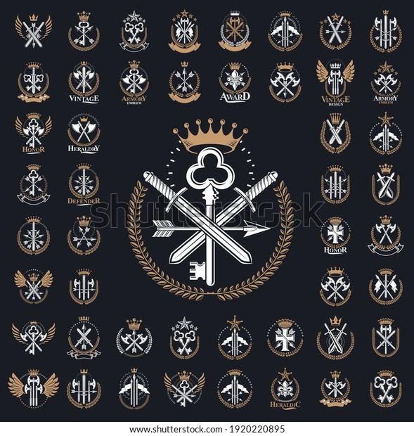 Weapon logos big vector set, vintage\
heraldic military emblems collection, classic style heraldry design\
elements, ancient knives spears and axes\
symbols.